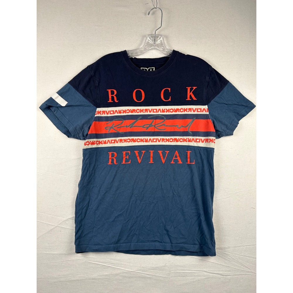 Rock Revival Mens Navy Blue Graphic T-Shirt Colorblock Cotton FBA4781 Size M